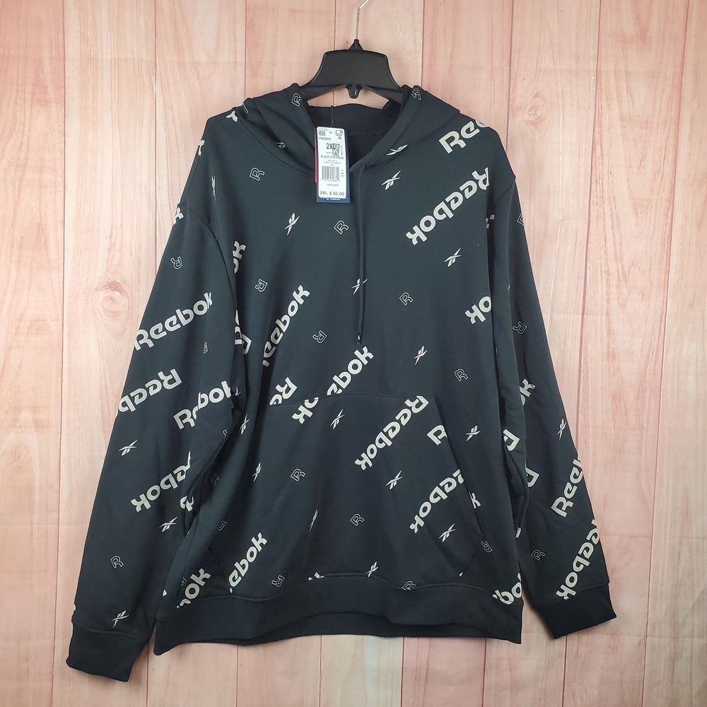 Reebok Ri Aop Oth Hoodie Sz 2XL Black All Over Print Cotton Ribbed Training